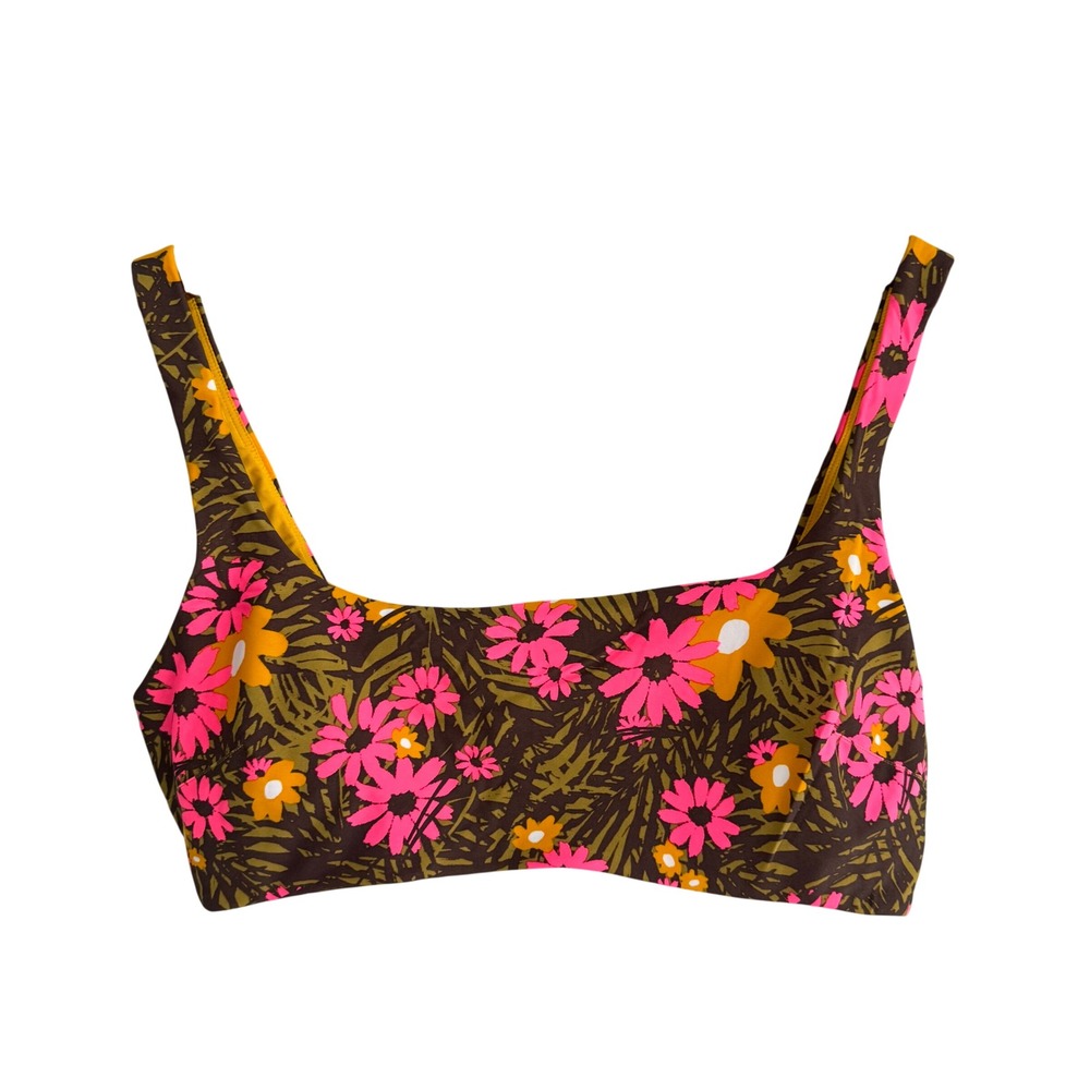 Aerie Women XL Retro Floral Scoop Bikini Top Pink Orange Brown 2309-215 NWT - Picture 2 of 12